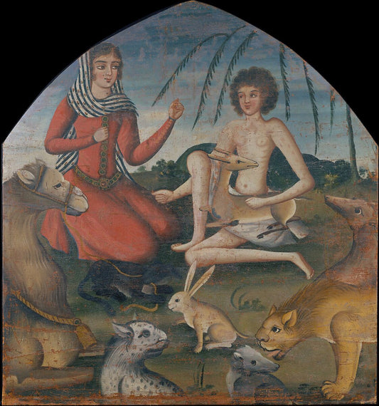 Laila and Majnun in an Iranian painting from Shiraz, mid-18th century, with Majnun in the wilderness surrounded by animals