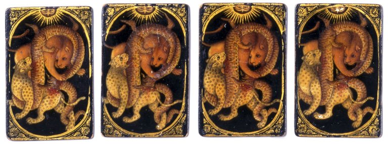 Four mid-19th-century Qajar Persian ace cards made for the game of As-Nas