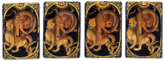 Four mid-19th-century Qajar Persian ace cards made for the game of As-Nas