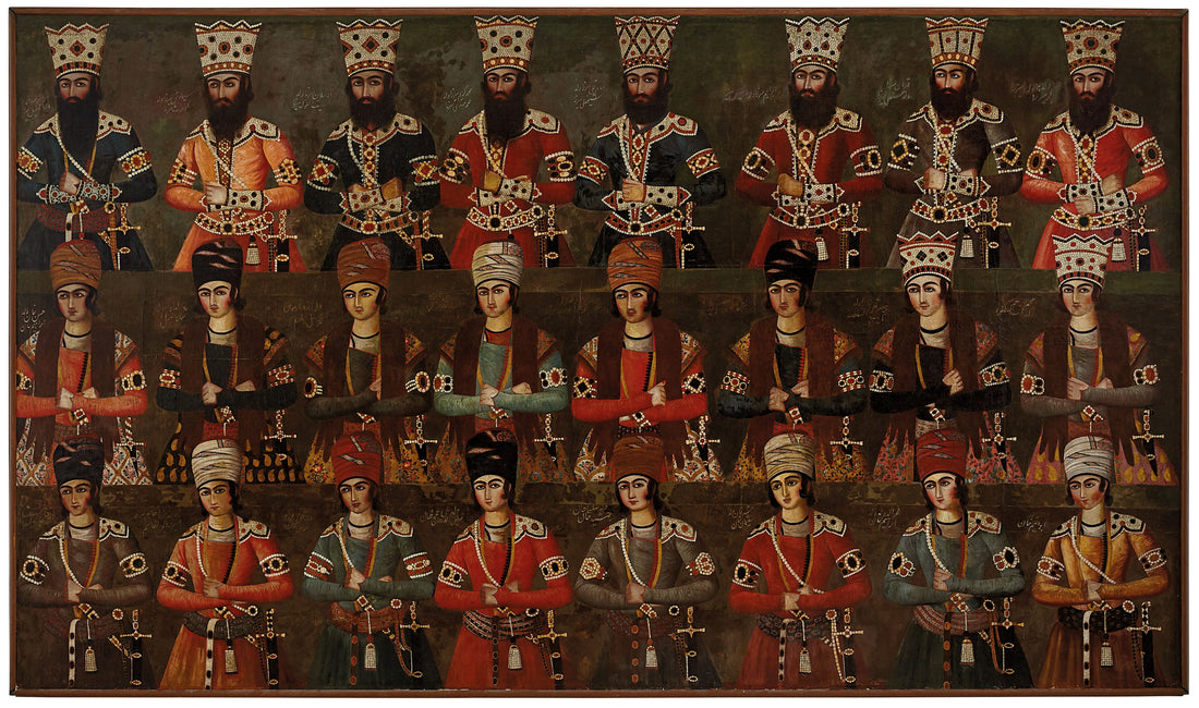 Qajar group portrait of twenty-four sons and grandsons of Fath-Ali Shah, painted in Iran around 1810–20