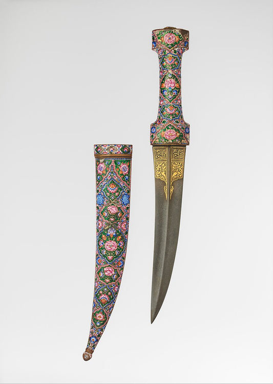 Qajar Iranian enamel dagger and sheath decorated with pink, blue, and white flowers
