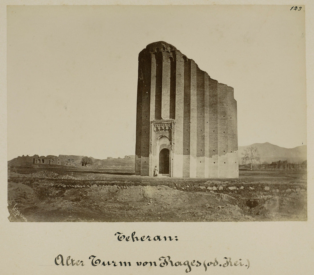 Historic Iranian photograph of Tughrul Tower at Ray with Mount Damavand in the distance