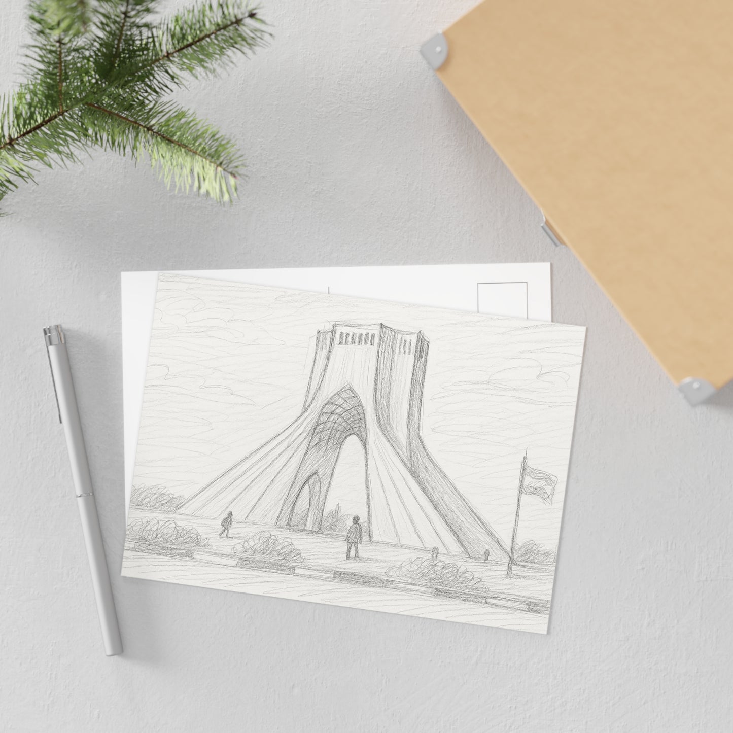 Cartes postales esquisse au crayon de la tour Azadi — Coffret de cartes postales d'art représentant un monument historique