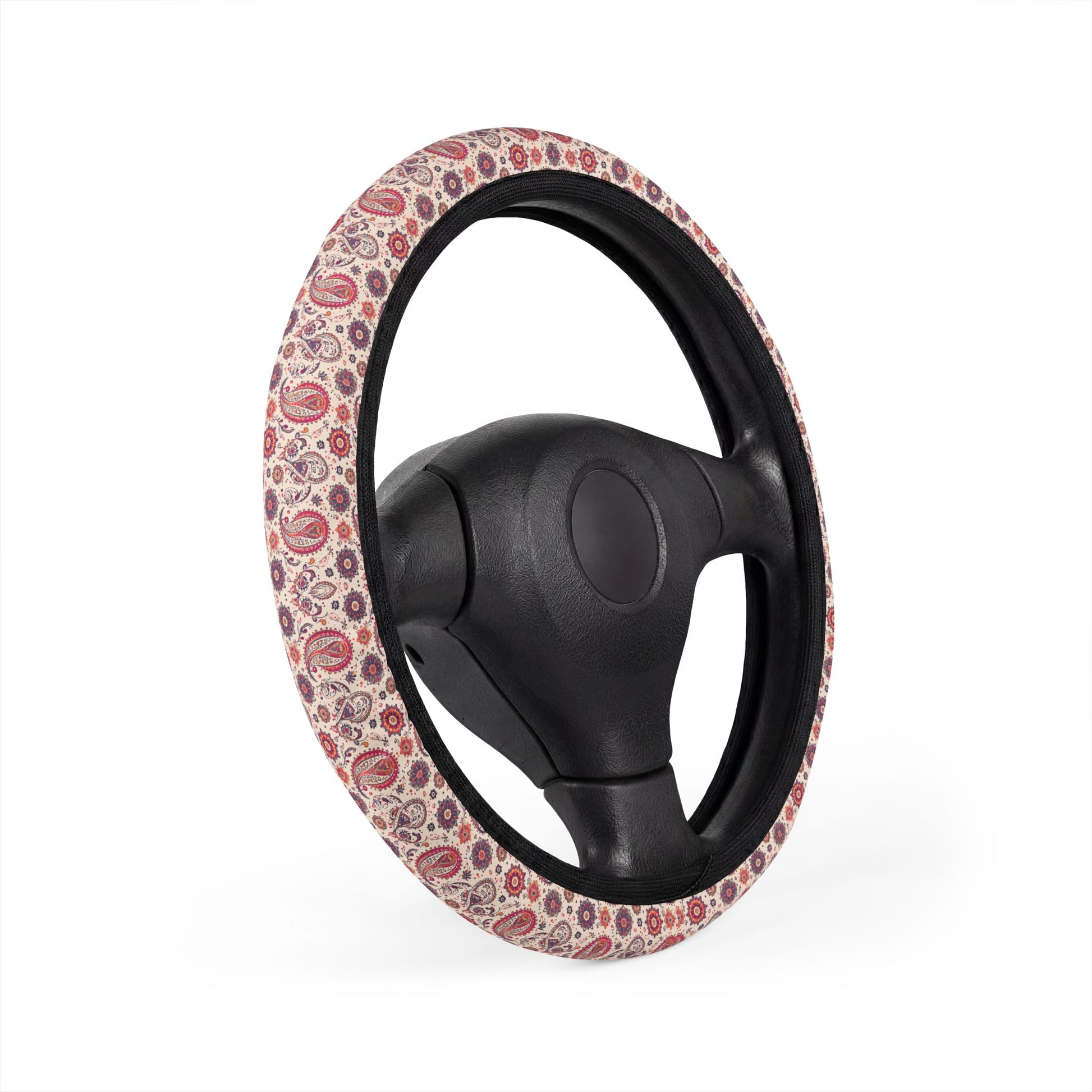 Steering wheel cover with persian iranian paisley pattern on a white background