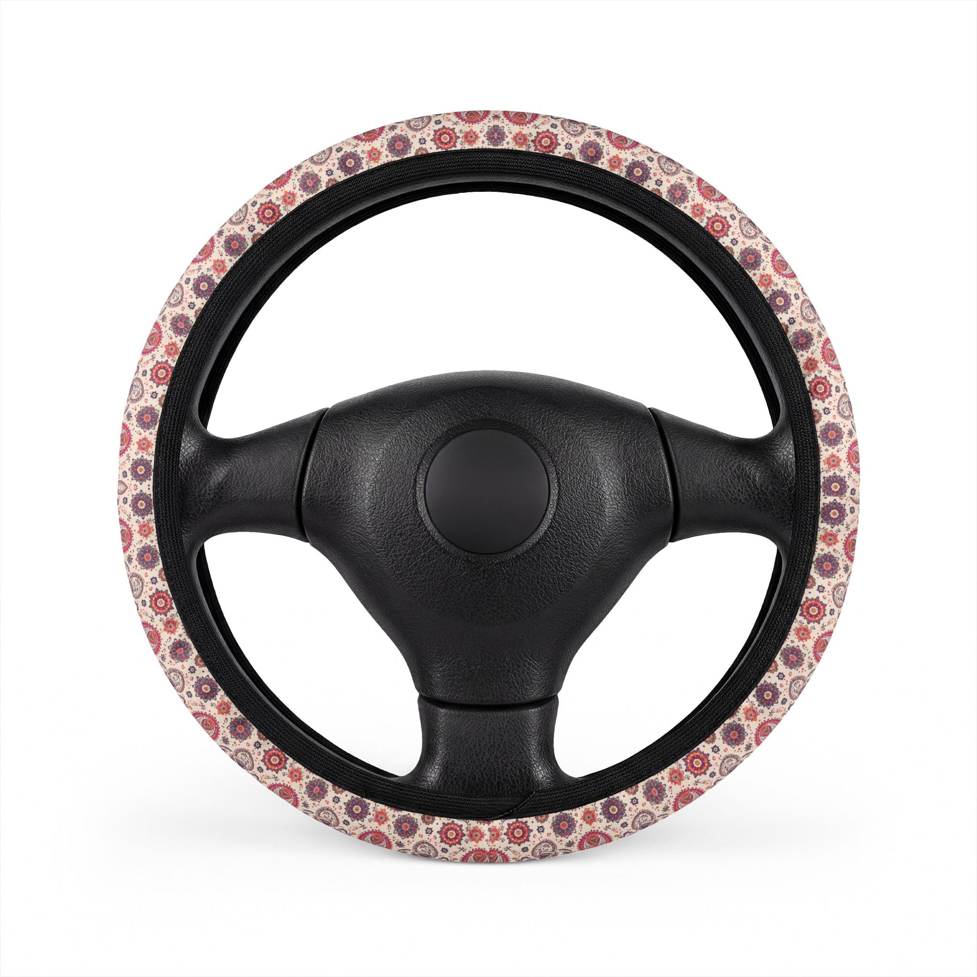 Black steering wheel with a persian iranian floral-patterned cover on a white background