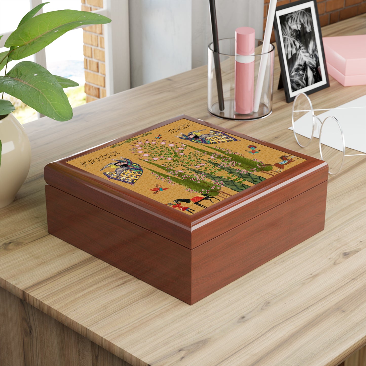 Persian Miniature Jewelry Box — Floral Cypress & Angel Motif
