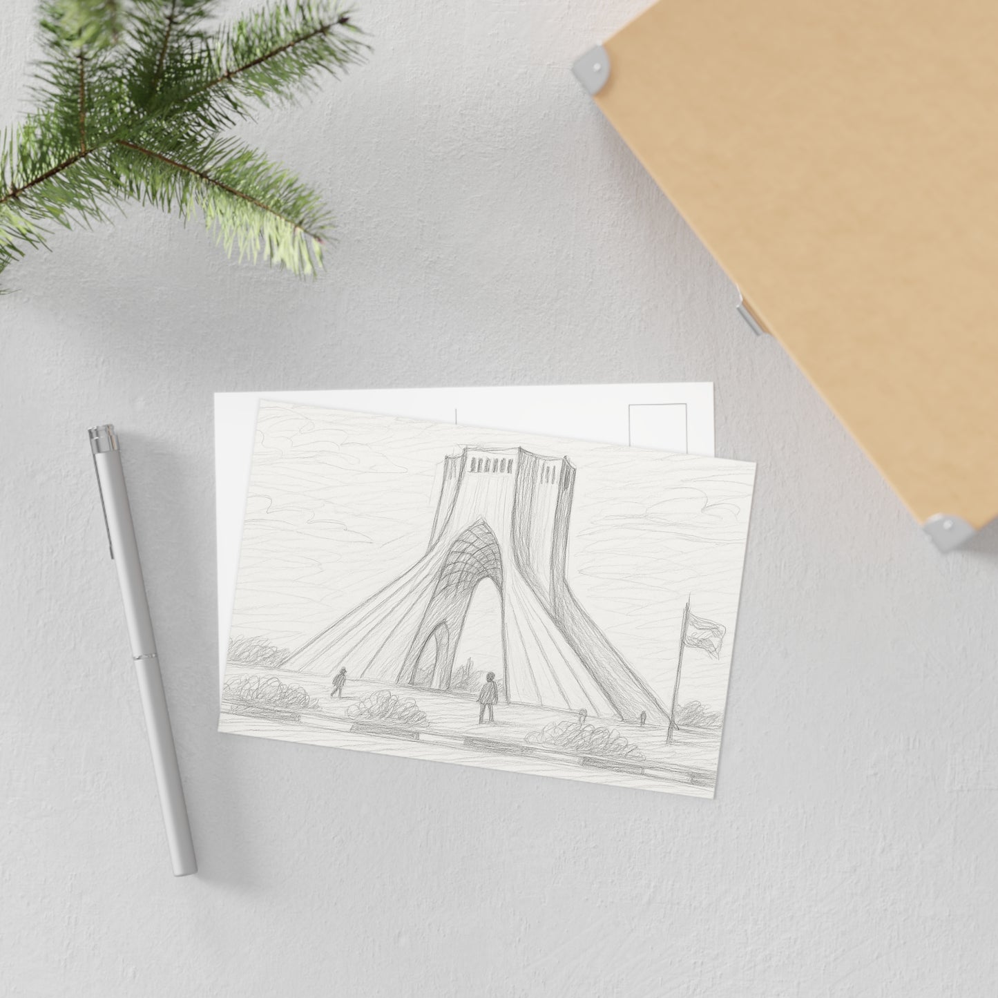 Cartes postales esquisse au crayon de la tour Azadi — Coffret de cartes postales d'art représentant un monument historique