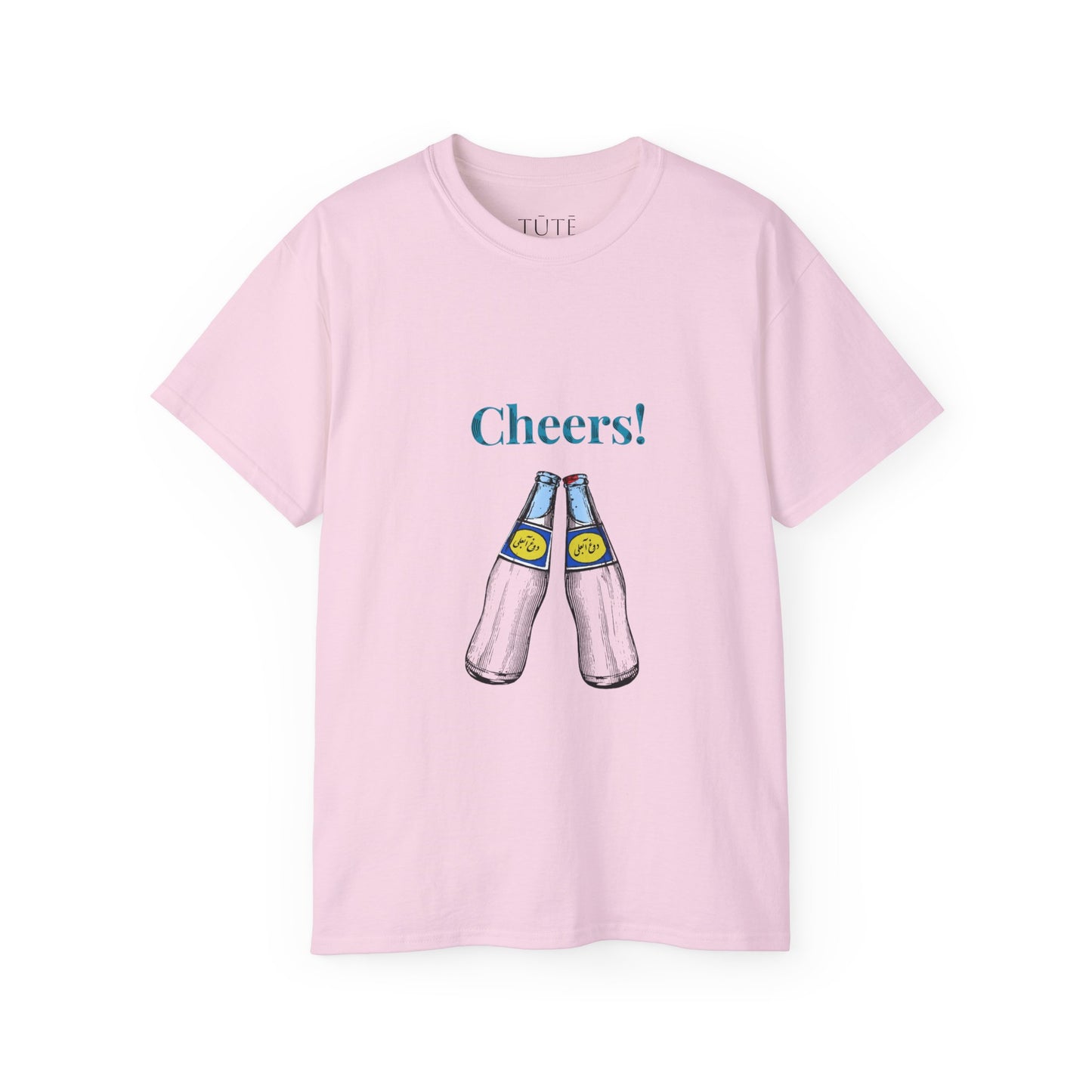 Pink t-shirt with beer bottles and 'Cheers!' text on a white background