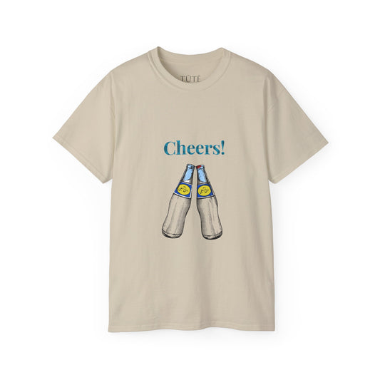 Beige t-shirt with beer bottles and 'Cheers!' text on a white background