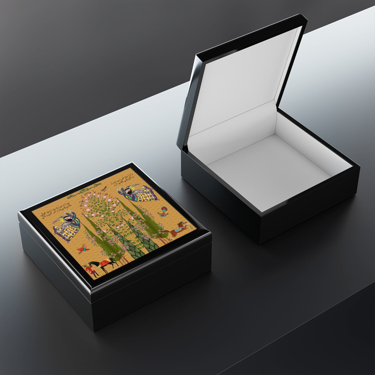 Persian Miniature Jewelry Box — Floral Cypress & Angel Motif