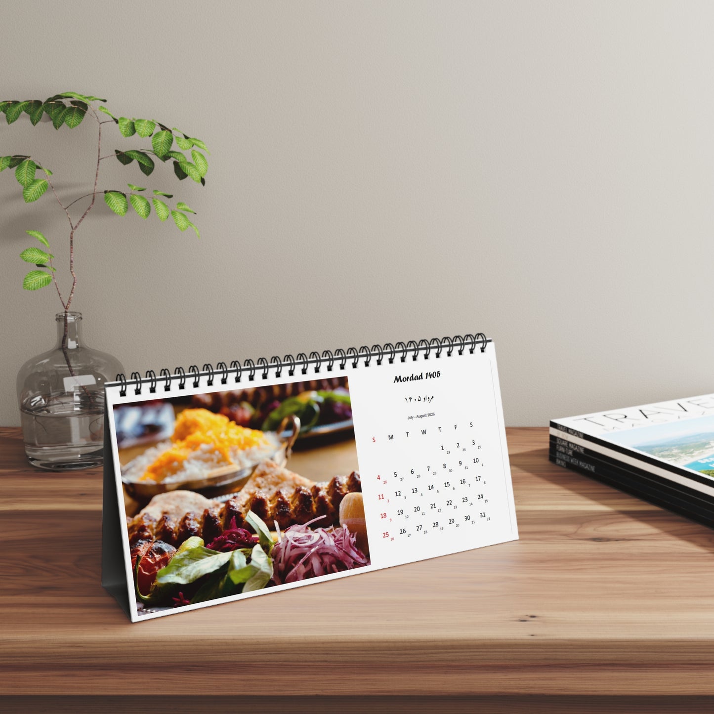 Persian Calendar on a wooden surface with a decorative plant in the background