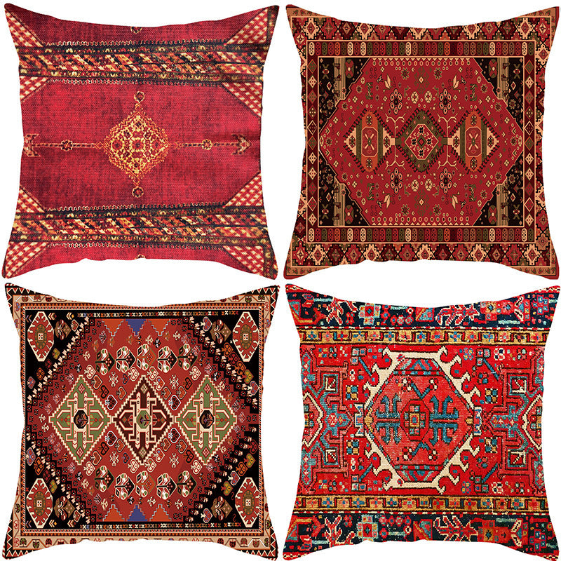 Housse de coussin à motifs rouges turcs et persans – Coussin bohème en lin (45×45 cm)